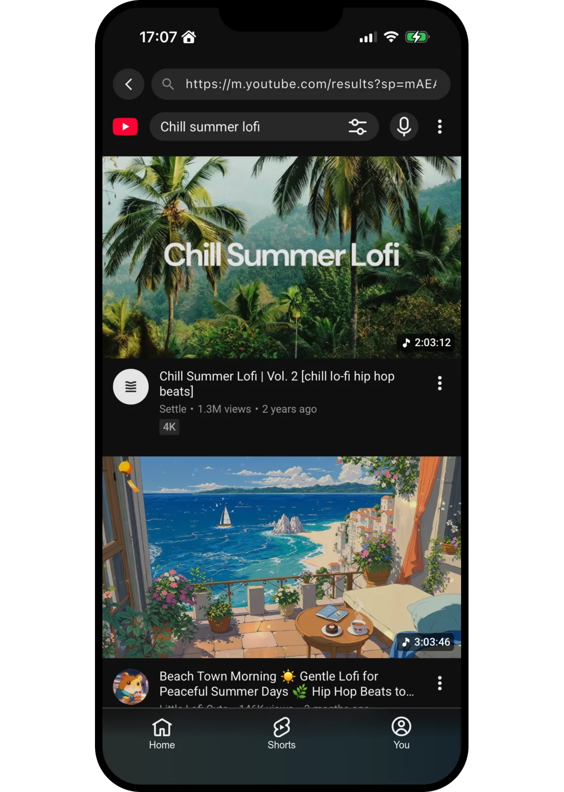 Music Tube built-in browser showing video search results ready to play in the background