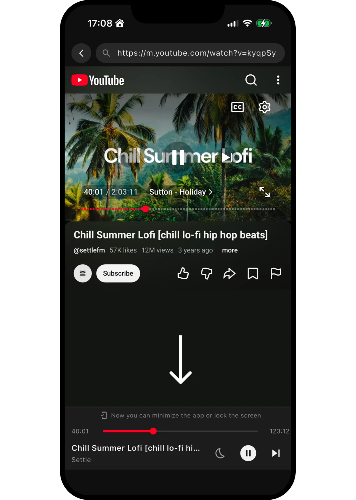 Music Tube app playing a video with the mini player bar, seek bar and sleep timer